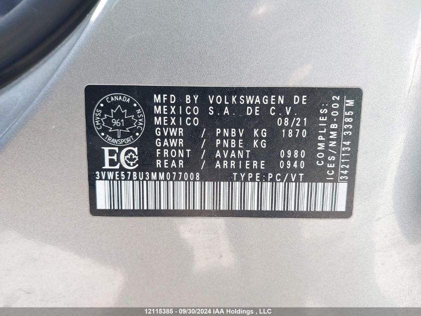 3VWE57BU3MM077008 2021 Volkswagen Jetta Sel