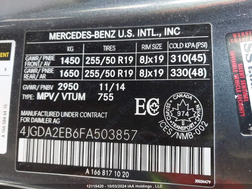 2015 Mercedes-Benz Ml-Class VIN: 4JGDA2EB6FA503857 Lot: 12115420