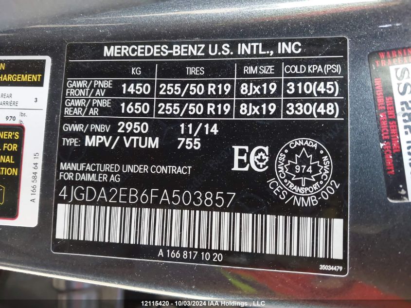 2015 Mercedes-Benz Ml-Class VIN: 4JGDA2EB6FA503857 Lot: 12115420