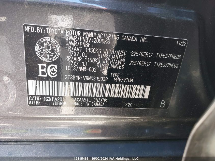 2T3B1RFV8NC319938 2022 Toyota Rav4 Le