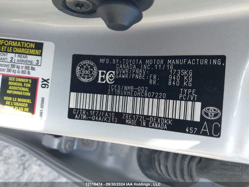 2017 Toyota Corolla VIN: 2T1BURHE0HC807220 Lot: 12115474