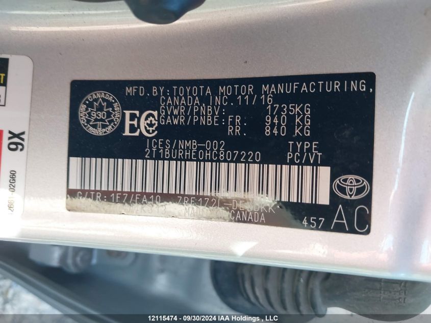2017 Toyota Corolla VIN: 2T1BURHE0HC807220 Lot: 12115474