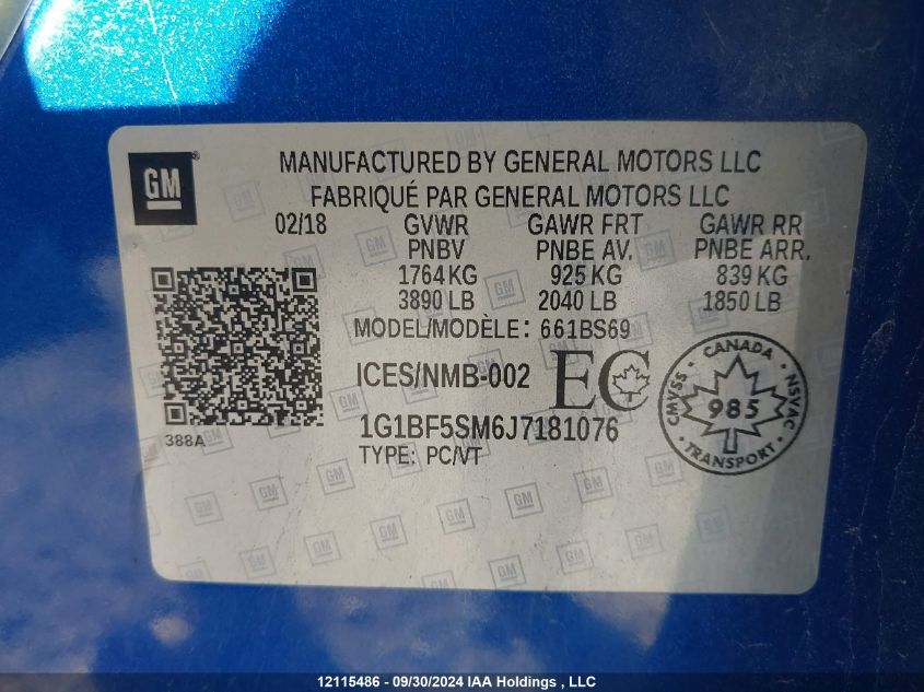 2018 Chevrolet Cruze Premier VIN: 1G1BF5SM6J7181076 Lot: 12115486