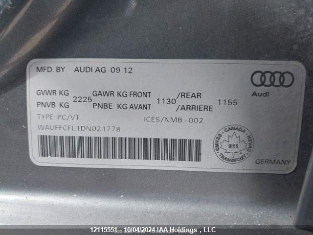 2013 Audi A4 VIN: WAUFFCFL1DN021778 Lot: 12115551