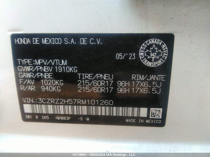 2024 Honda Hr-V VIN: 3CZRZ2H57RM101260 Lot: 12115601