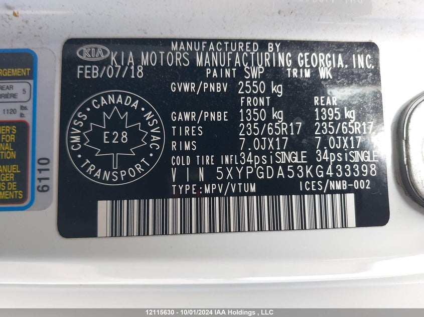 2019 Kia Sorento Lx/S VIN: 5XYPGDA53KG433398 Lot: 12115630