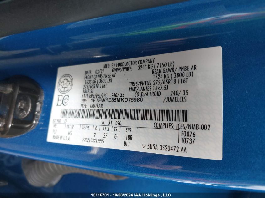 2021 Ford F150 Supercrew VIN: 1FTFW1E85MKD75986 Lot: 12115701