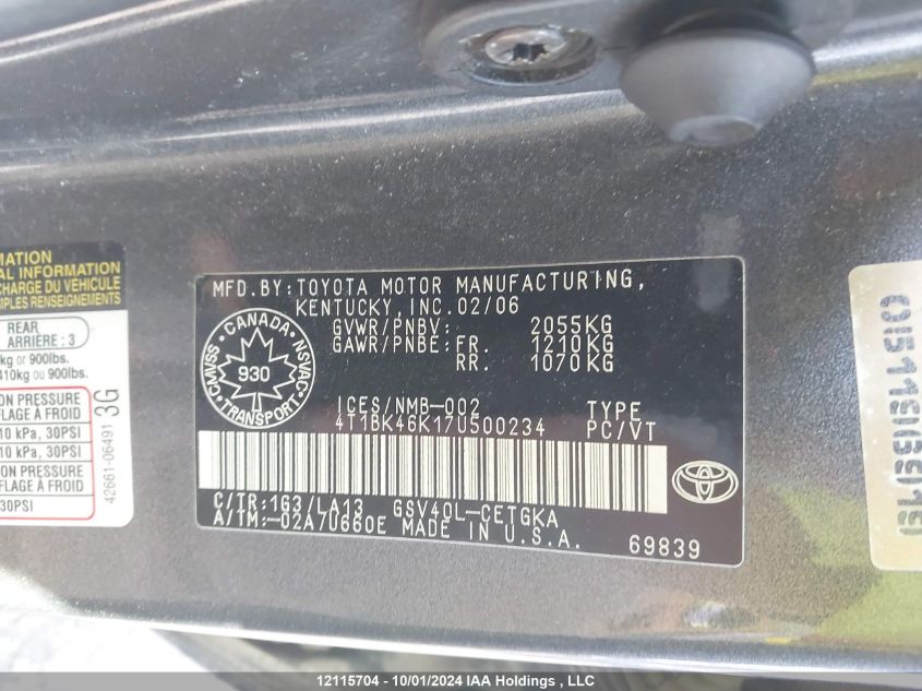 2007 Toyota Camry Le/Xle/Se VIN: 4T1BK46K17U500234 Lot: 12115704