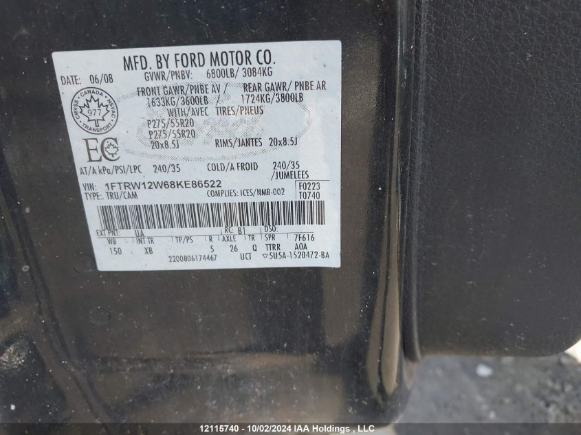 1FTRW12W68KE86522 2008 Ford F150 Supercrew