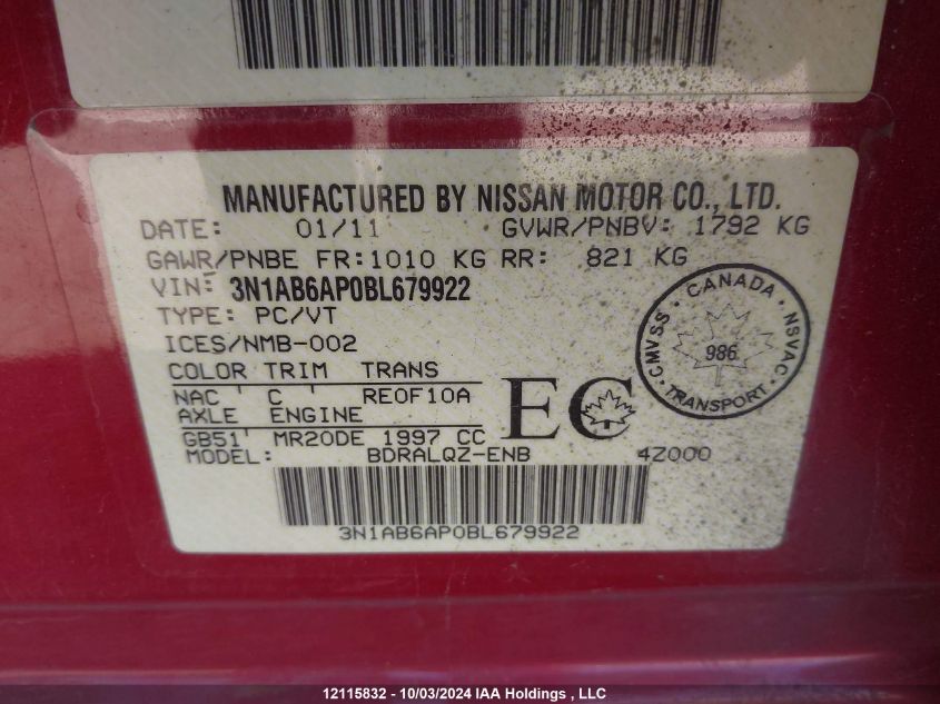 2011 Nissan Sentra 2.0/2.0S/Sr/2.0Sl VIN: 3N1AB6AP0BL679922 Lot: 12115832