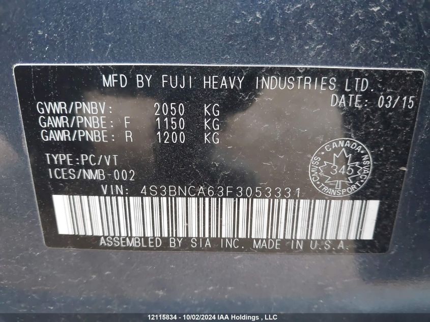 2015 Subaru Legacy 2.5I VIN: 4S3BNCA63F3053331 Lot: 12115834