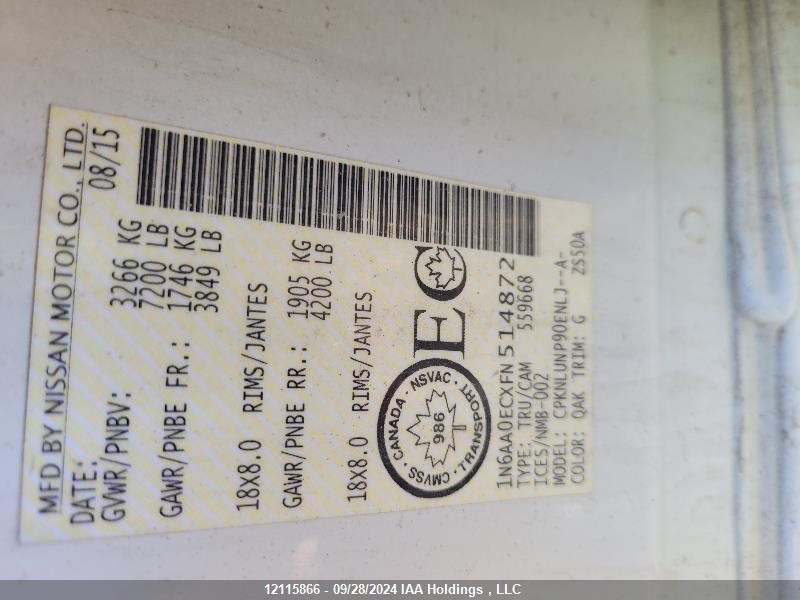 2015 Nissan Titan S/Sv/Sl/Pro-4X VIN: 1N6AA0ECXFN514872 Lot: 12115866