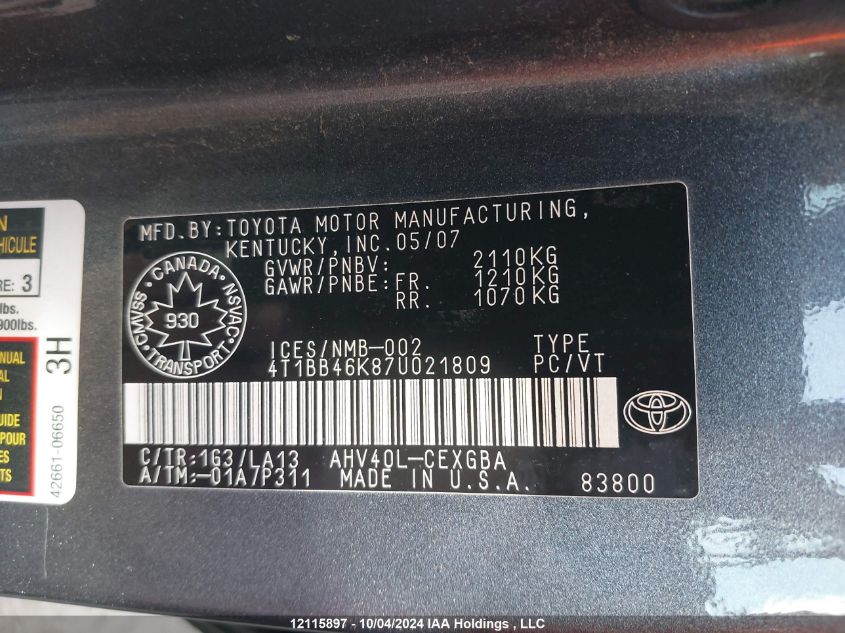 2007 Toyota Camry Hybrid VIN: 4T1BB46K87U021809 Lot: 12115897