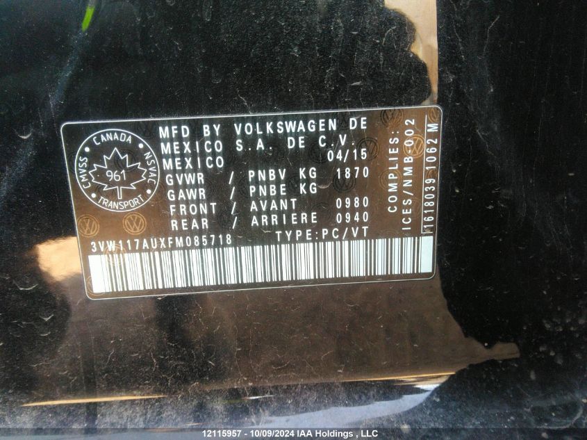 2015 Volkswagen Golf VIN: 3VW117AUXFM085718 Lot: 12115957