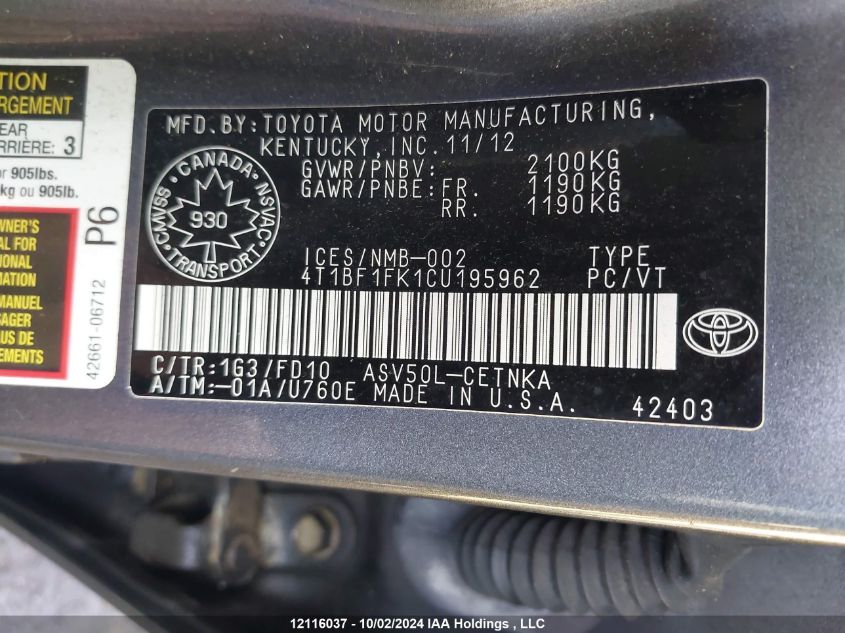 4T1BF1FK1CU195962 2012 Toyota Camry