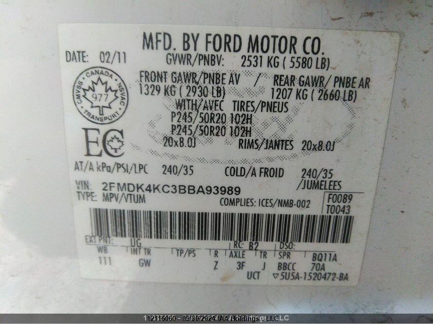 2011 Ford Edge Limited VIN: 2FMDK4KC3BBA93989 Lot: 12116060