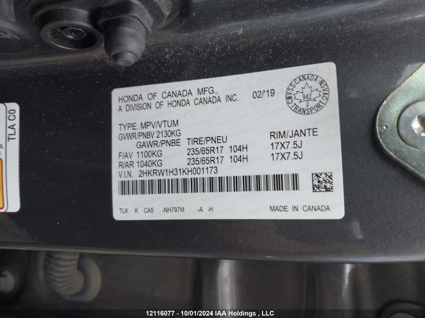 2HKRW1H31KH001173 2019 Honda Cr-V