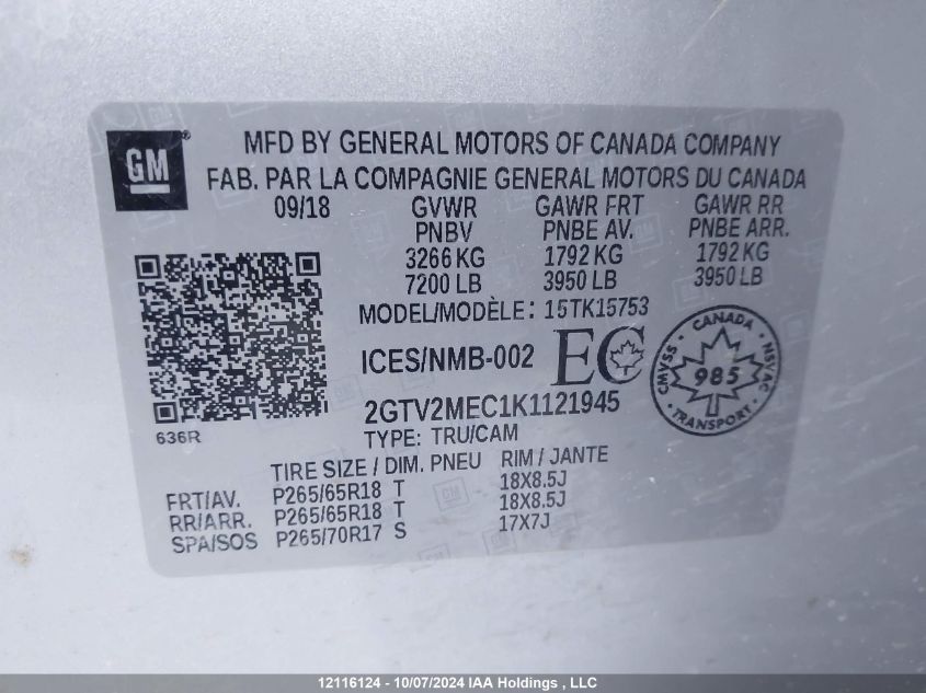 2GTV2MEC1K1121945 2019 GMC Sierra 1500 Limited