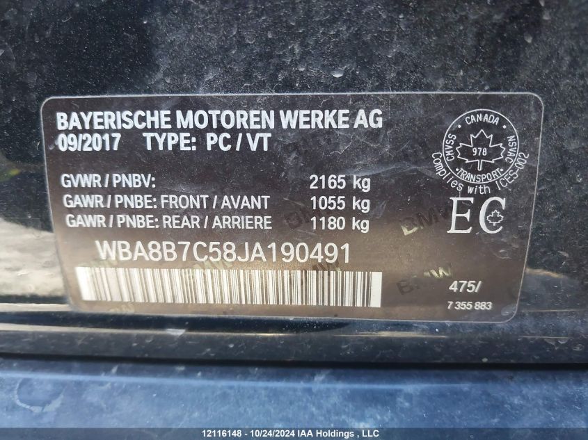 2018 BMW 3 Series VIN: WBA8B7C58JA190491 Lot: 12116148