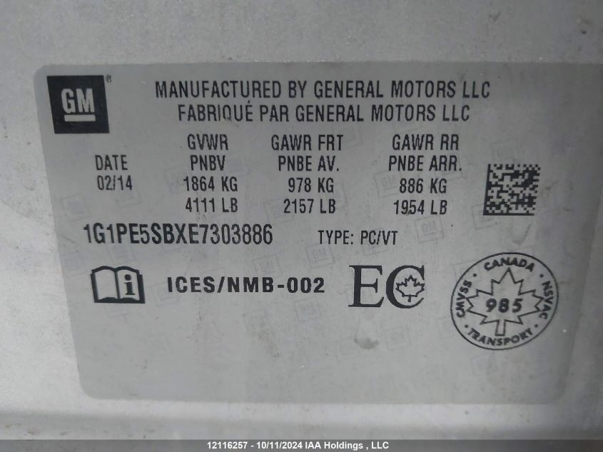 2014 Chevrolet Cruze VIN: 1G1PE5SBXE7303886 Lot: 12116257