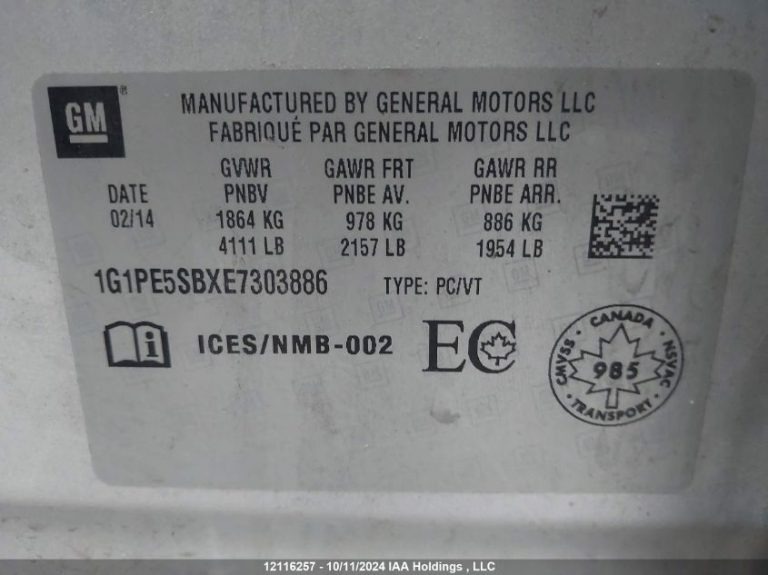 2014 Chevrolet Cruze VIN: 1G1PE5SBXE7303886 Lot: 12116257