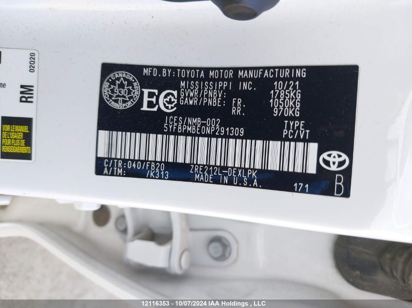 5YFBPMBE0NP291309 2022 Toyota Corolla Le