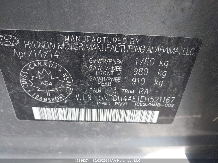 5NPDH4AE1EH521167 2014 Hyundai Elantra