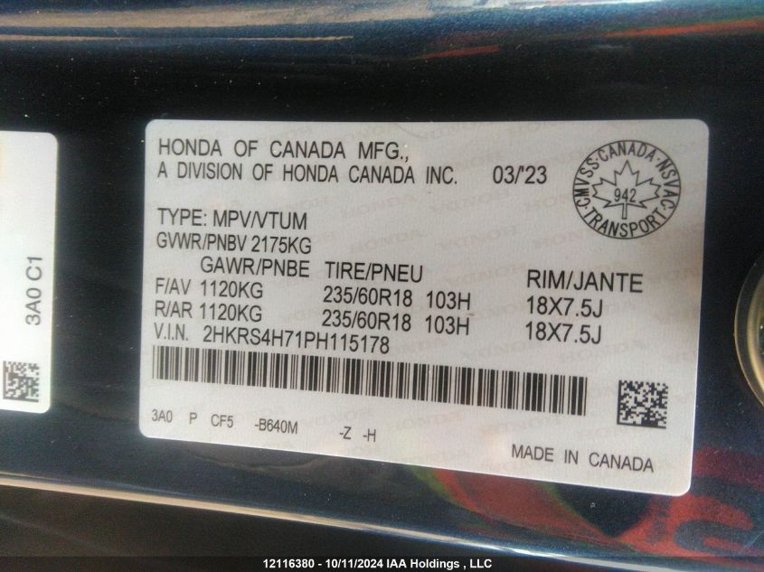 2023 Honda Cr-V VIN: 2HKRS4H71PH115178 Lot: 12116380
