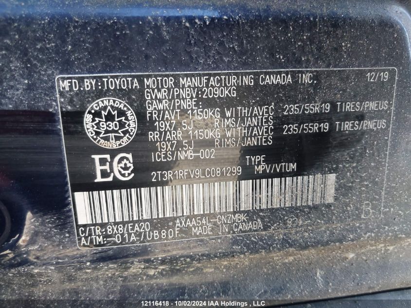 2020 Toyota Rav4 VIN: 2T3R1RFV9LC081299 Lot: 12116418