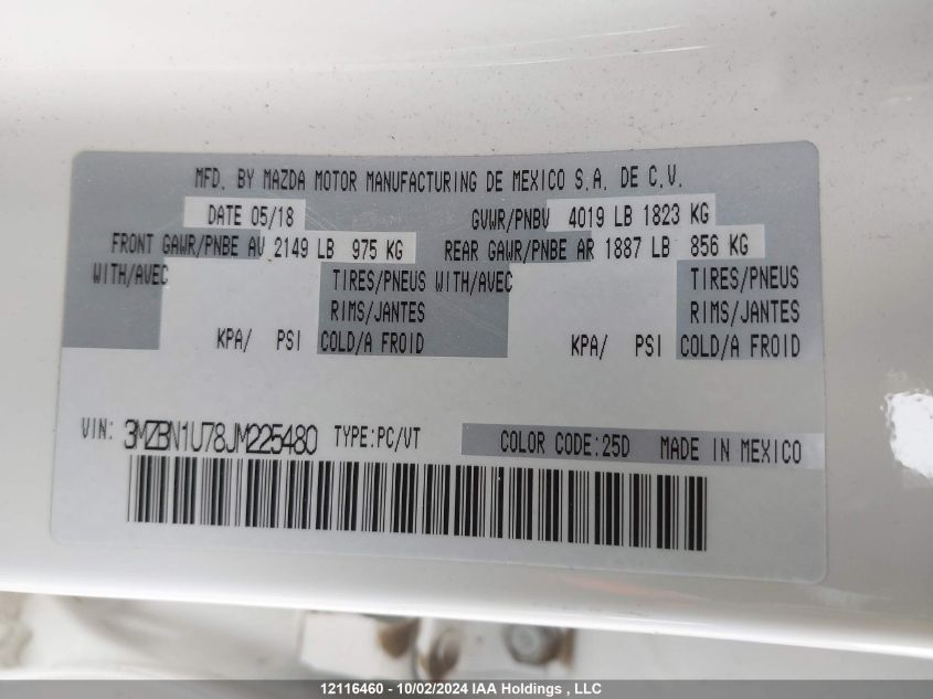 2018 Mazda Mazda3 VIN: 3MZBN1U78JM225480 Lot: 12116460