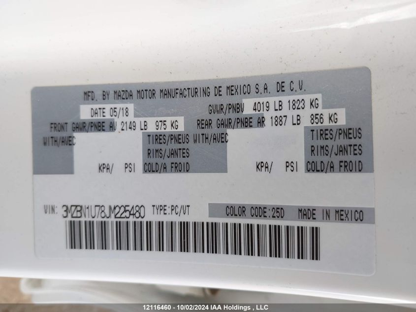 2018 Mazda Mazda3 VIN: 3MZBN1U78JM225480 Lot: 12116460