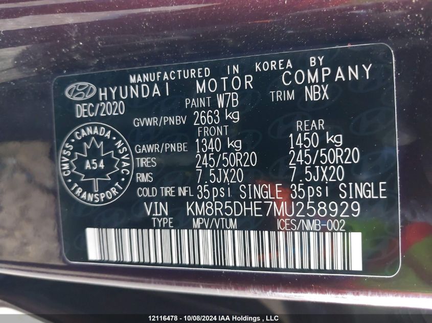 2021 Hyundai Palisade Limited VIN: KM8R5DHE7MU258929 Lot: 12116478