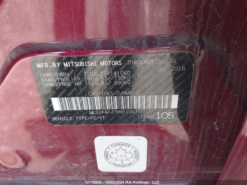 2017 Mitsubishi Mirage G4 Se VIN: ML32F4FJ7HHF10475 Lot: 12116520