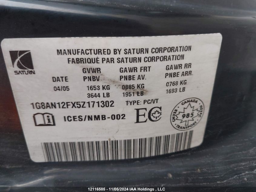 2005 Saturn Ion Level 2 VIN: 1G8AN12FX5Z171302 Lot: 12116585