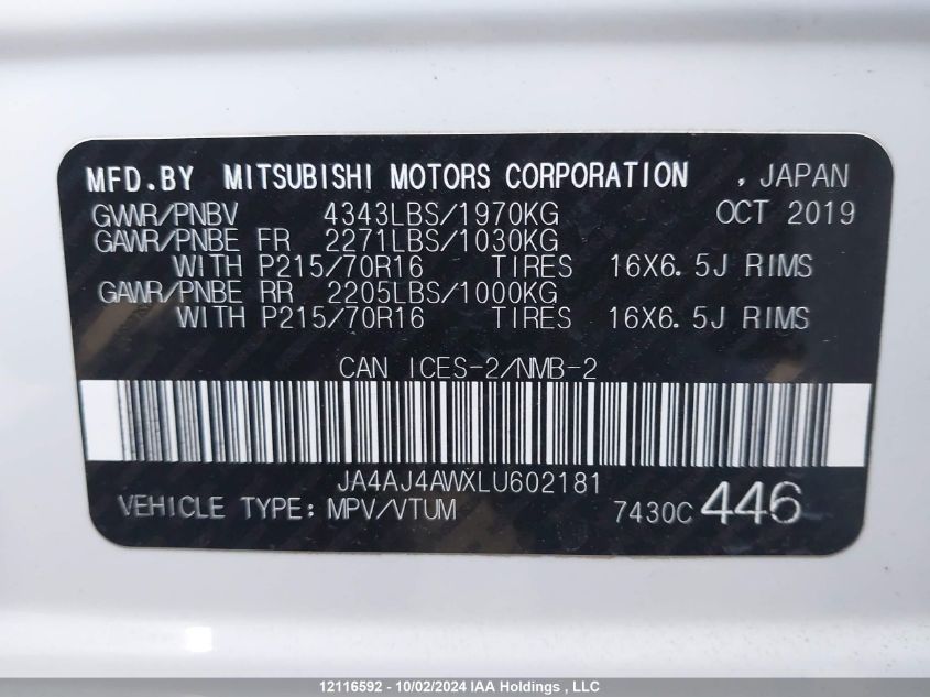 2020 Mitsubishi Rvr Se/Sel/Limited/Gt VIN: JA4AJ4AWXLU602181 Lot: 12116592