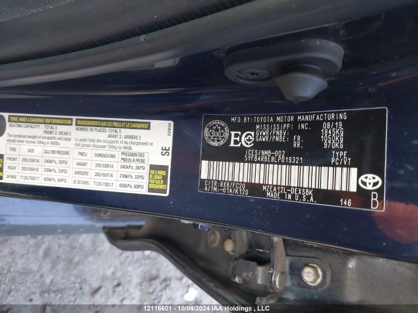 2020 Toyota Corolla VIN: 5YFB4RBE8LP019321 Lot: 12116601