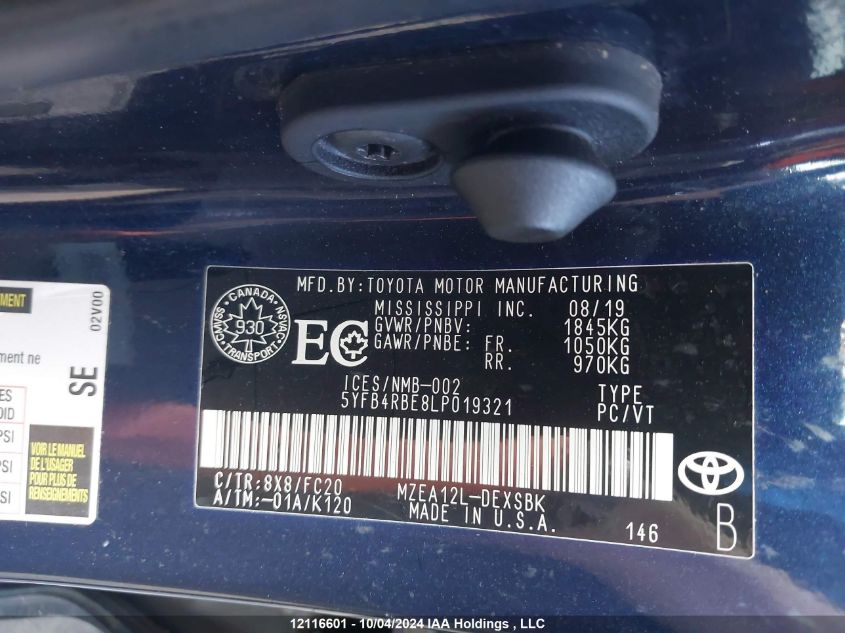 2020 Toyota Corolla VIN: 5YFB4RBE8LP019321 Lot: 12116601