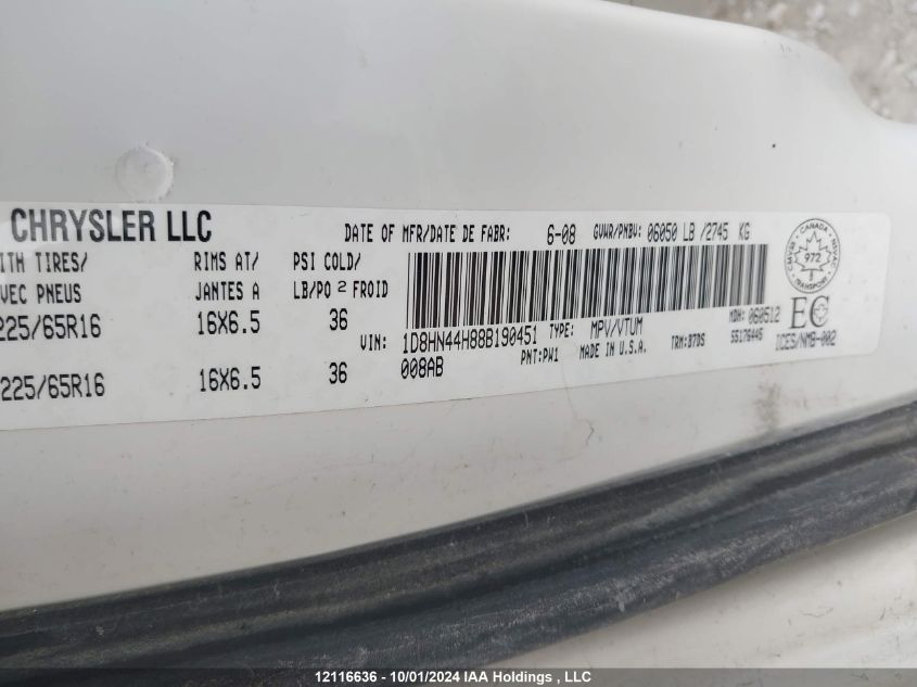 2008 Dodge Grand Caravan Se VIN: 1D8HN44H88B190451 Lot: 12116636