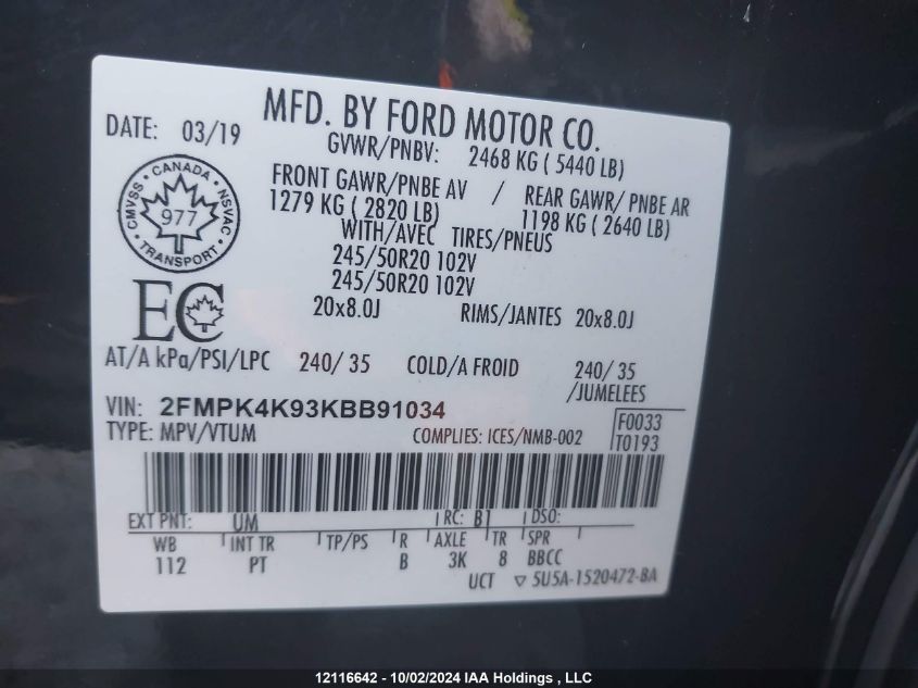 2FMPK4K93KBB91034 2019 Ford Edge