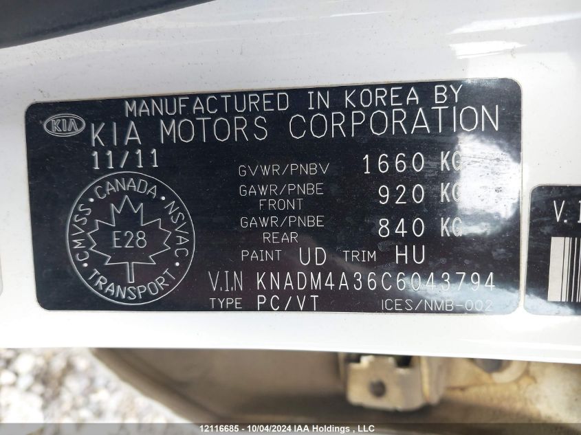 2012 Kia Rio Lx VIN: KNADM4A36C6043794 Lot: 12116685