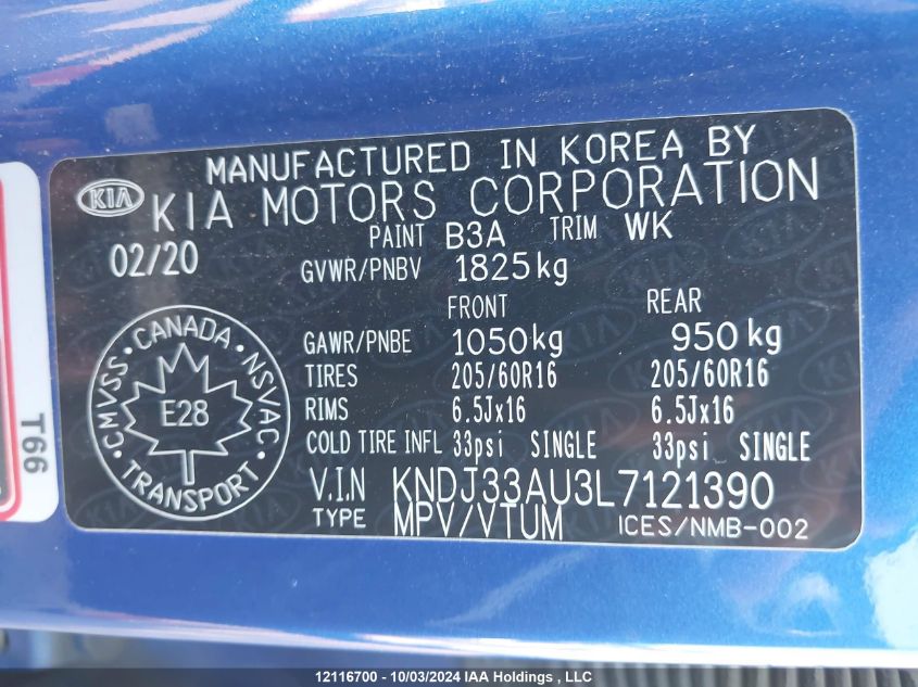 2020 Kia Soul Ex VIN: KNDJ33AU3L7121390 Lot: 12116700