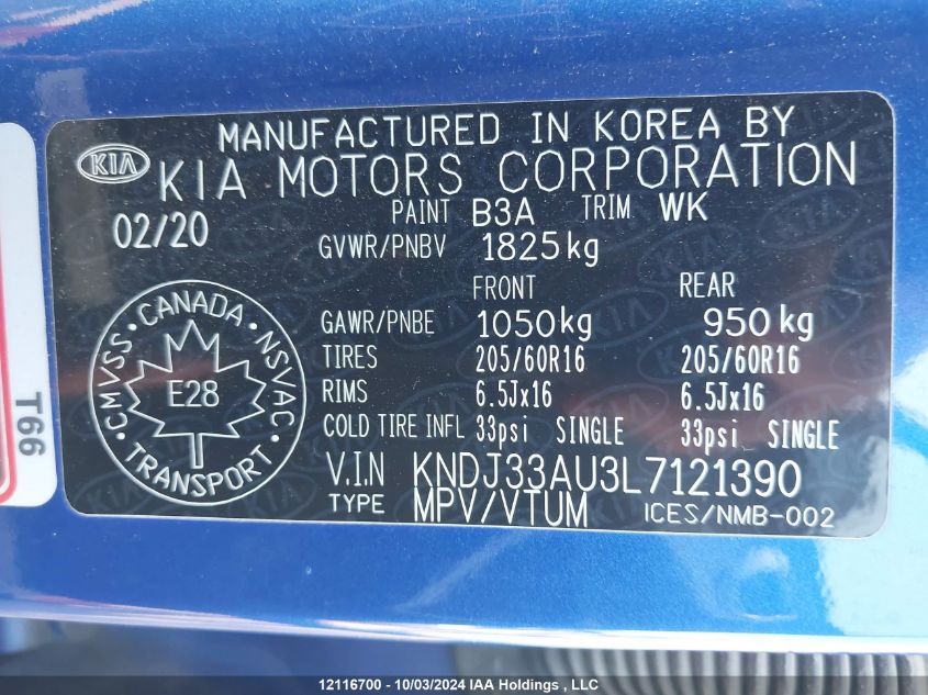 2020 Kia Soul Ex VIN: KNDJ33AU3L7121390 Lot: 12116700