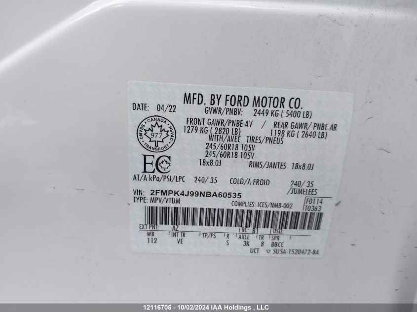 2022 Ford Edge Sel VIN: 2FMPK4J99NBA60535 Lot: 12116705