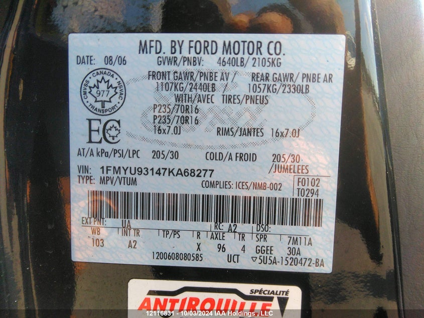 2007 Ford Escape Xlt VIN: 1FMYU93147KA68277 Lot: 12116831