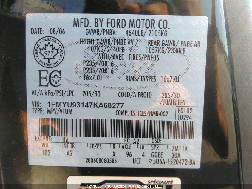 2007 Ford Escape Xlt VIN: 1FMYU93147KA68277 Lot: 12116831