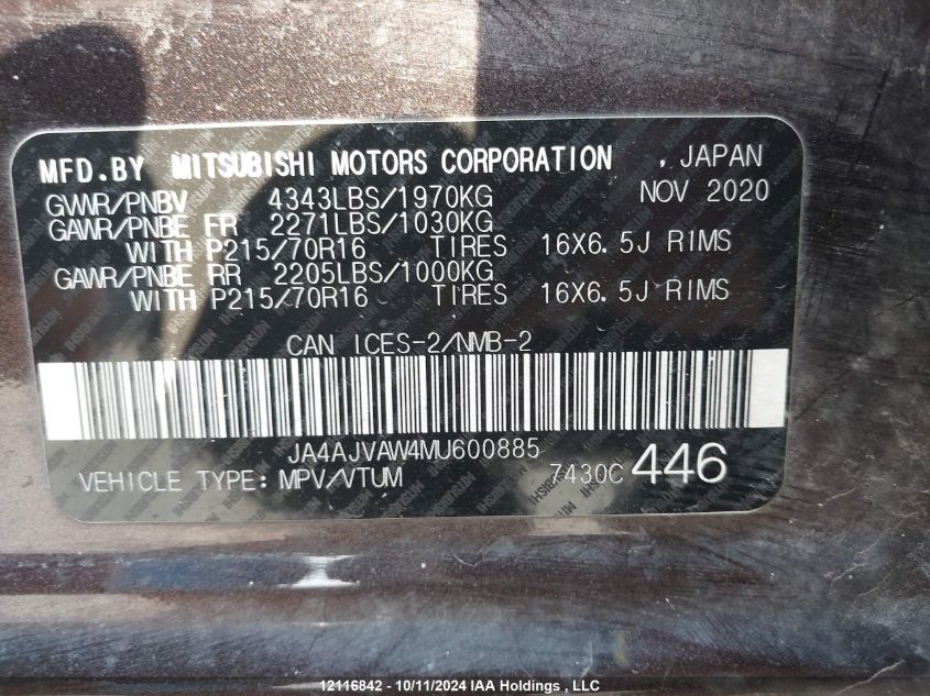 2021 Mitsubishi Rvr VIN: JA4AJVAW4MU600885 Lot: 12116842