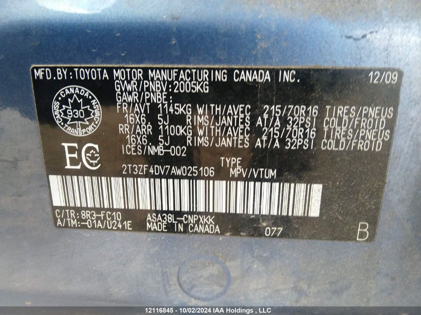 2010 Toyota Rav4 VIN: 2T3ZF4DV7AW025106 Lot: 12116845