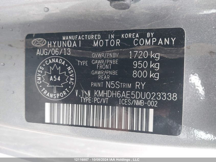 2013 Hyundai Elantra VIN: KMHDH6AE5DU023338 Lot: 12116857