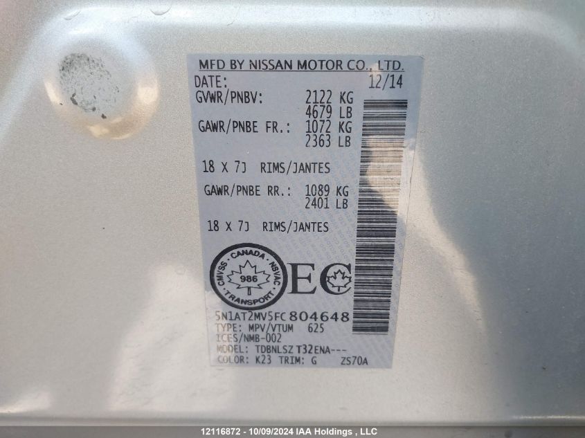 2015 Nissan Rogue VIN: 5N1AT2MV5FC804648 Lot: 12116872