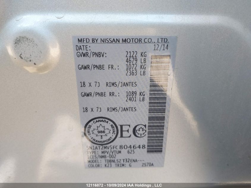 2015 Nissan Rogue VIN: 5N1AT2MV5FC804648 Lot: 12116872